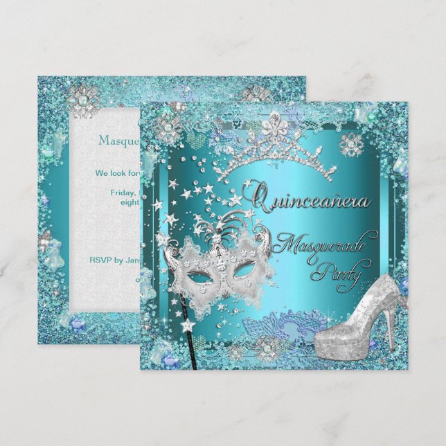 Invitación Mascarada Quinceanera 15.ª Fiesta Blue Tiara Shoe (Anverso / Reverso)