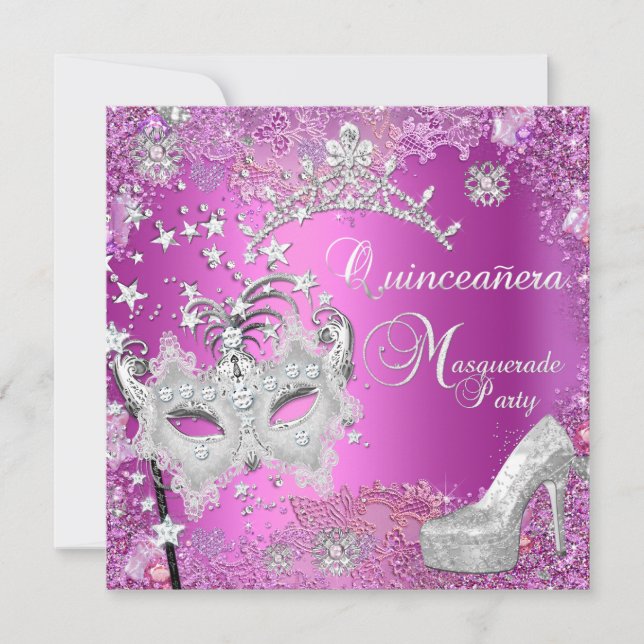 Invitación Mascarada Quinceanera 15.º zapato Fiesta Tiara Ros (Anverso)