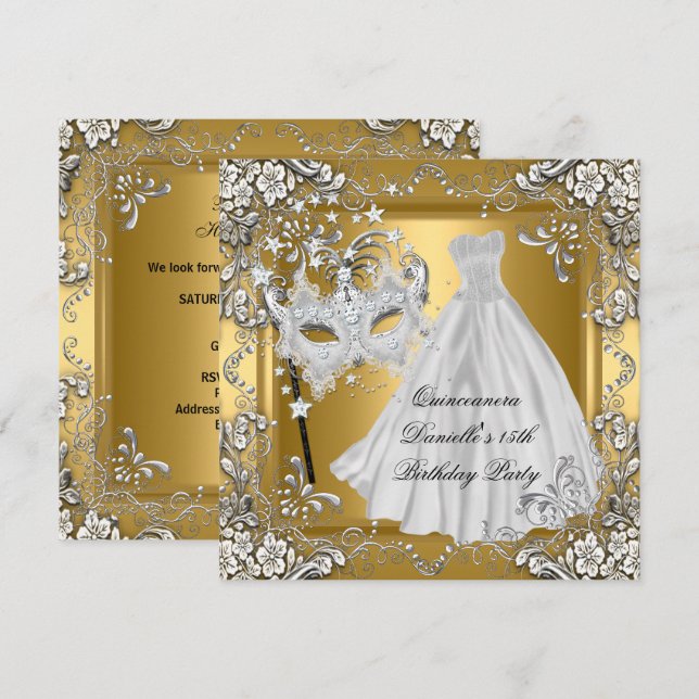 Invitación Mascarada Quinceanera 15 cumpleaños Mask Gold (Anverso / Reverso)