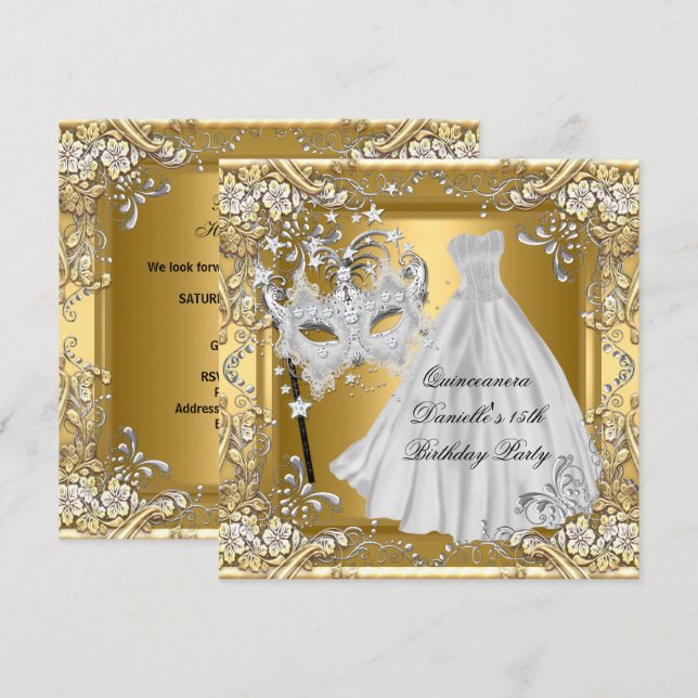 Invitación Mascarada Quinceanera 15 cumpleaños Mask Gold 2 (Anverso / Reverso)