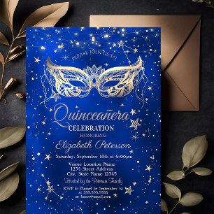 Invitación Mascarada,Quinceañera Azul Estrellas Doradas