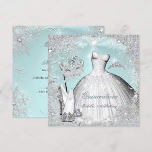 Invitación Mascarada Quinceañera Azul Menta Copos de Nieve Pl
