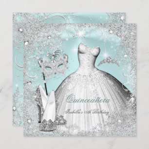Invitación Mascarada Quinceanera Mint Blue Silver Copos de ni