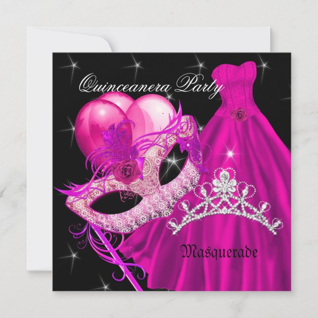Invitación Mascarada Quinceanera Partido de Cumpleaños Rosa (Anverso)