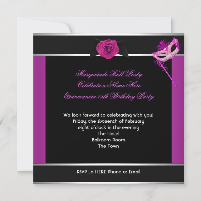 Invitación Mascarada Quinceanera Partido de Cumpleaños Rosa (Anverso)