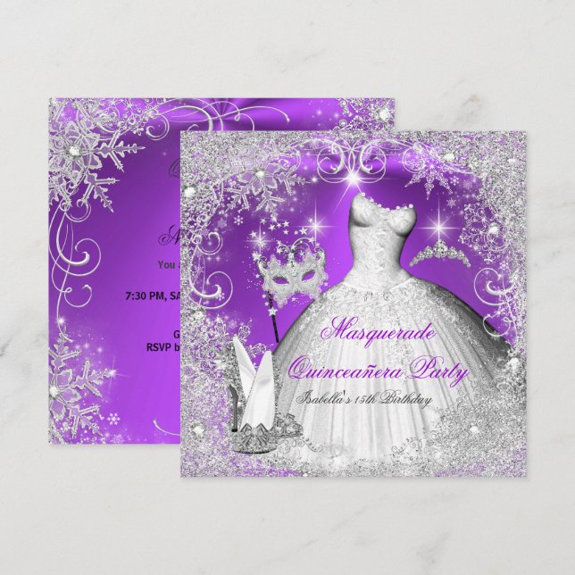 Invitación Mascarada Quinceanera Plata Morada Copos de Nieve (Anverso / Reverso)