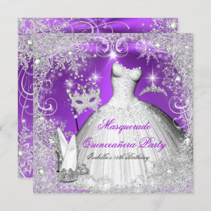 Invitación Mascarada Quinceanera Plata Morada Copos de Nieve