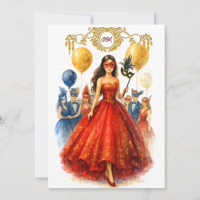 Invitación Mascarada Quinceañera Ruby Red Gold Ball Gown (Anverso)