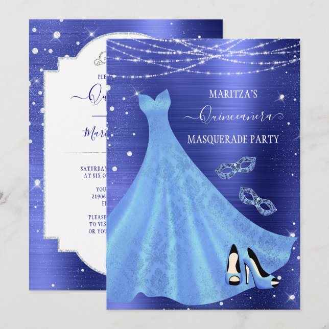 Invitación Mascarada real de diamantes azules Quinceañera (Anverso / Reverso)