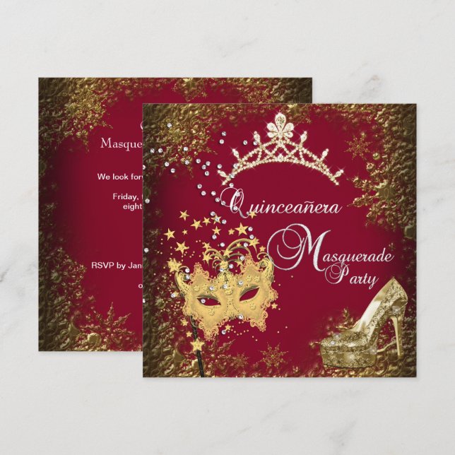 Invitación mascarada roja/burdeos Quinceanera 15.ª Fiesta (Anverso / Reverso)