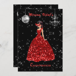 Invitación Mascarada roja y plateada quinceañera