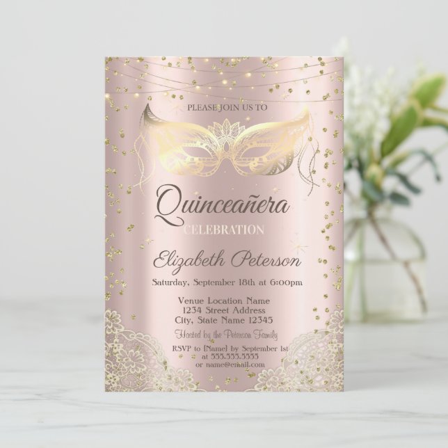 Invitación Mascarada, Rosa de encaje (Anverso de pie)
