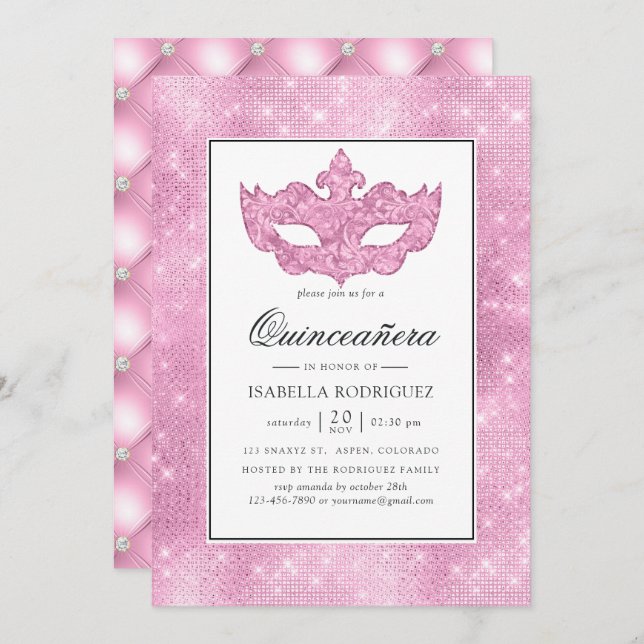 Invitación Mascarada rosa vintage Quinceañera (Anverso / Reverso)