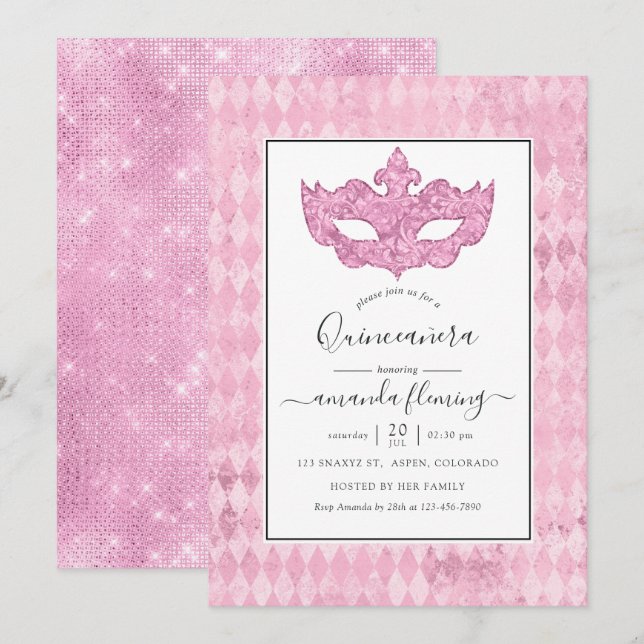 Invitación Mascarada rosa vintage Quinceañera (Anverso / Reverso)