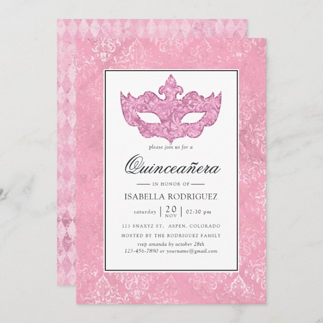 Invitación Mascarada rosa vintage Quinceañera (Anverso / Reverso)