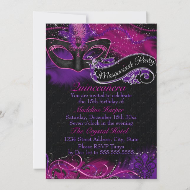 Invitación Mascarada rosada y púrpura Quinceanera de la (Anverso)
