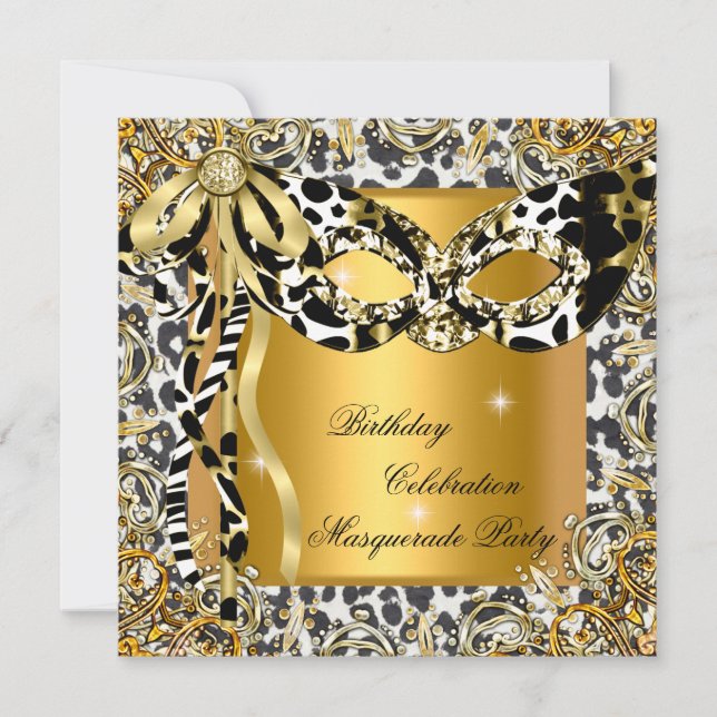 Invitación Mascarada Salvaje Máscara de Oro Blanco Negro cump (Anverso)