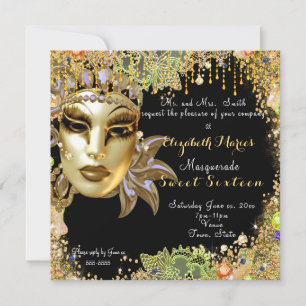Invitación Mascarada, Sweet Sixteen, encaje de brillo dorado