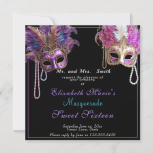 Invitación Mascarada Sweet Sixteen Rosa Oro Perlas