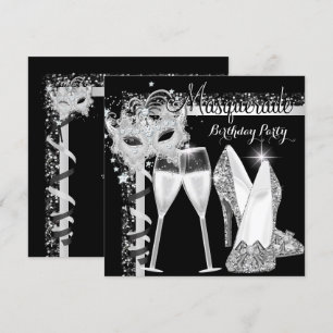 Invitación Mascarada Tacones Altos Plata Negro Champán Fiesta