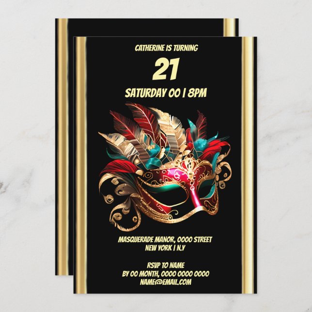Invitación Mascarada temática carnaval oro azul máscara verde (Anverso / Reverso)
