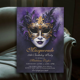 Invitación Mascarada veneciana Máscara dorada púrpura 18 cump