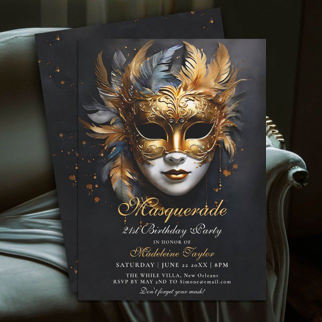 Invitación Mascarada veneciana Máscara dorada púrpura 21 cump (masquerade 21st birthday party invitation glam gold purple venetian mask mascarade)