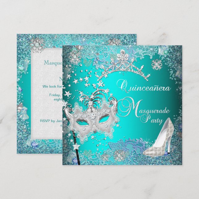Invitación Mascarada verde azulada Quinceanera 15.ª Fiesta Ti (Anverso / Reverso)
