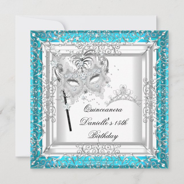 Invitación Mascarada verde azulada Quinceanera de 15 años de  (Anverso)