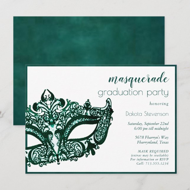 Invitación Mascarada verde de mascarada | Vibrante Graduación (Anverso / Reverso)