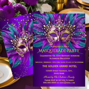 Invitación Máscaras Azules Turquesa Moradas Fiesta de Cumplea