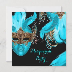 Invitación Máscaras Azules Turquesa para Fiesta de Baile de M