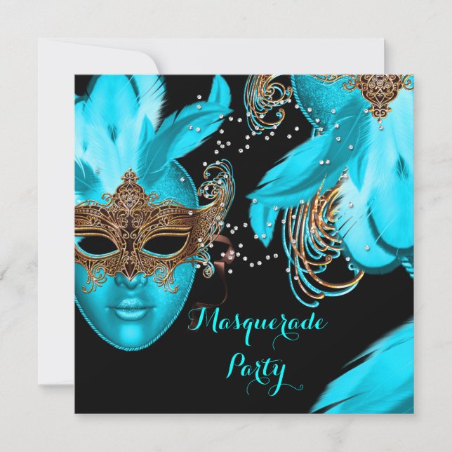 Invitación Máscaras azules Verde azuladas del Fiesta de la bo (Anverso)