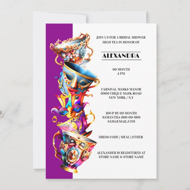 Invitación Máscaras de carnaval de alta fiesta de té (Anverso)