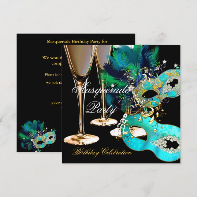 Invitación Máscaras de Cumpleaños de Mascarada Azul Turquesa  (Anverso / Reverso)