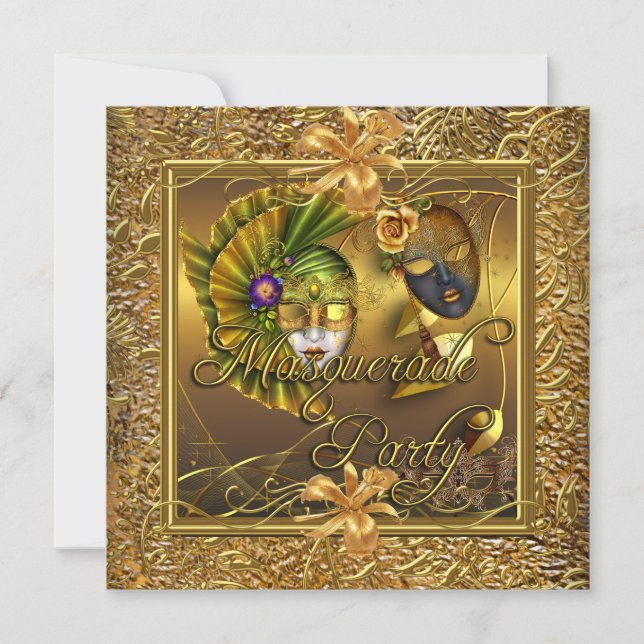 Invitación Máscaras de Fiesta de Disfraz Cumpleaños Dorado Ne (Anverso)