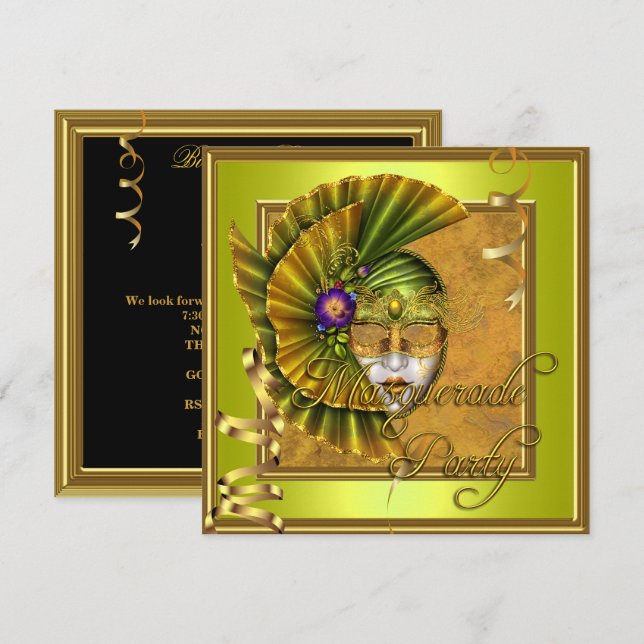 Invitación Máscaras de Fiesta de Disfraz Cumpleaños Dorado Ne (Anverso / Reverso)