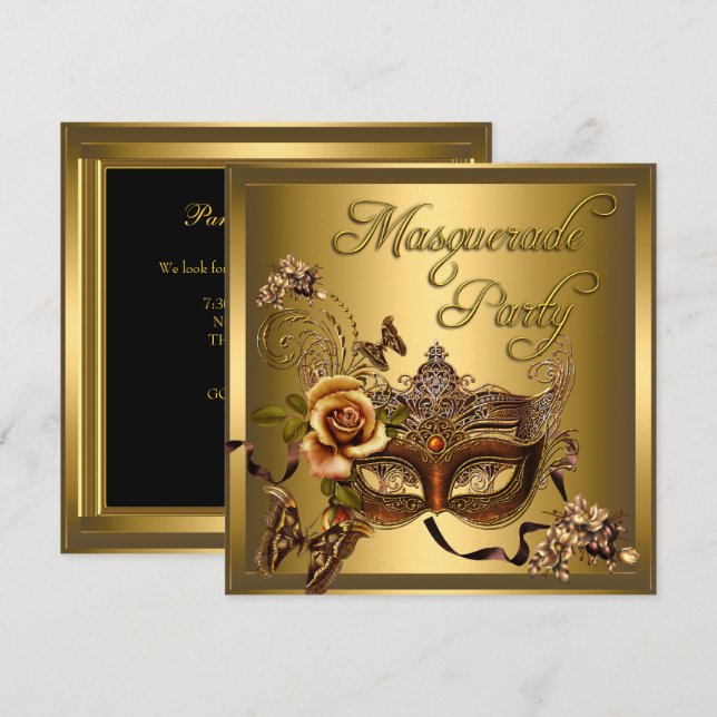 Invitación Máscaras de Fiesta de Disfraz de Cumpleaños Negro  (Anverso / Reverso)