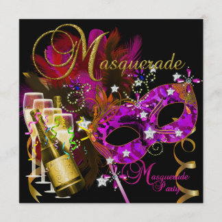Invitación Máscaras de Fiesta de Disfraz Negras Doradas Rosad