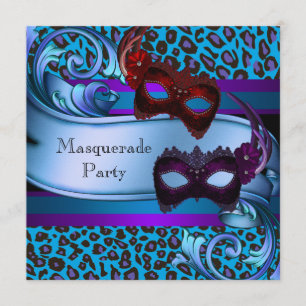 Invitación Máscaras de Leopardo Purpura Verde Azul Dulces 16