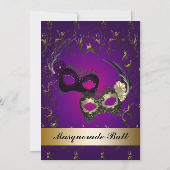 Invitación Máscaras de Mardi Gras Moradas Fiesta de Disfraces (Anverso)