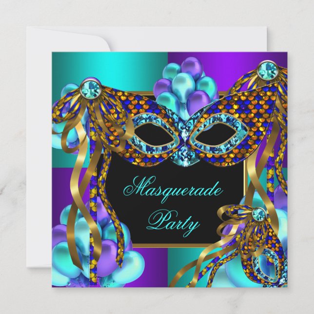 Invitación Máscaras de Máscara Cumpleaños Fiesta Azul Turques (Anverso)