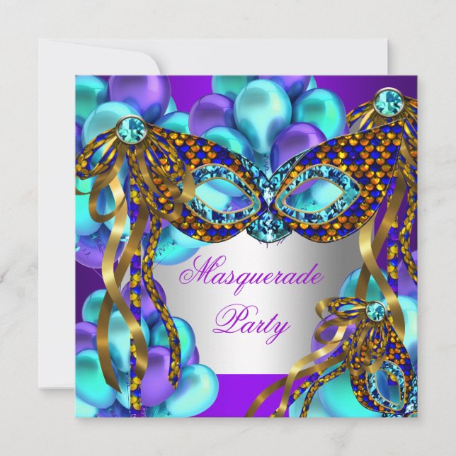 Invitación Máscaras de Máscara Cumpleaños Fiesta Azul Turques (Anverso)
