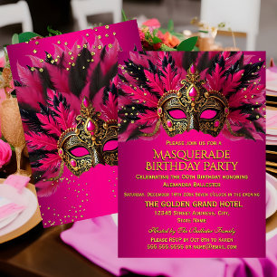 Invitación Máscaras de oro negro rosa Fiesta de cumpleaños de