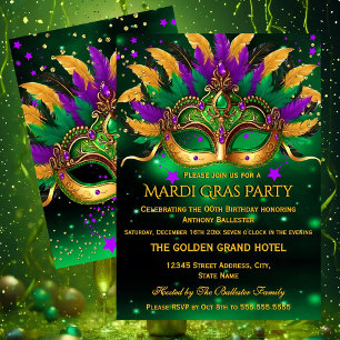 Invitación Máscaras de oro verde morado Fiesta de cumpleaños 
