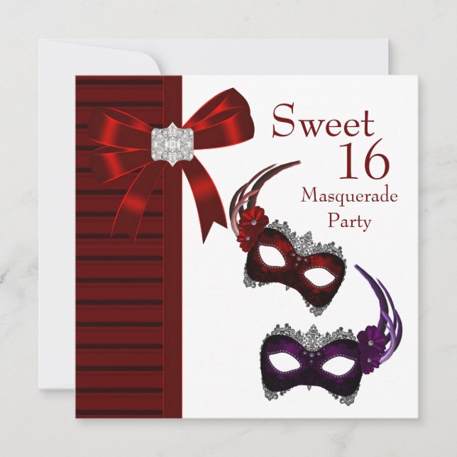 Invitación Máscaras de pluma rojas fiesta de disfraz de dulce (Anverso)
