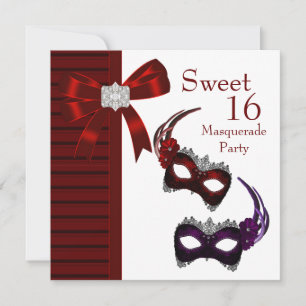 Invitación Máscaras de pluma rojas fiesta de disfraz de dulce