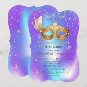 Invitación Máscaras Estrellas Holográficas Quinceañera
