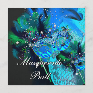 Invitación Máscaras Negras Azul Teal Baile de Máscaras Fiesta