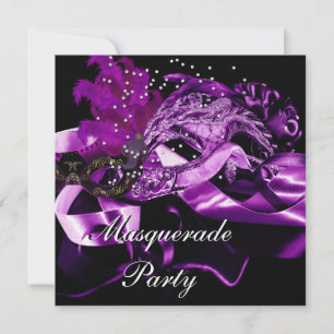 Invitación Máscaras Negras Moradas Baile de Máscaras Fiesta 2